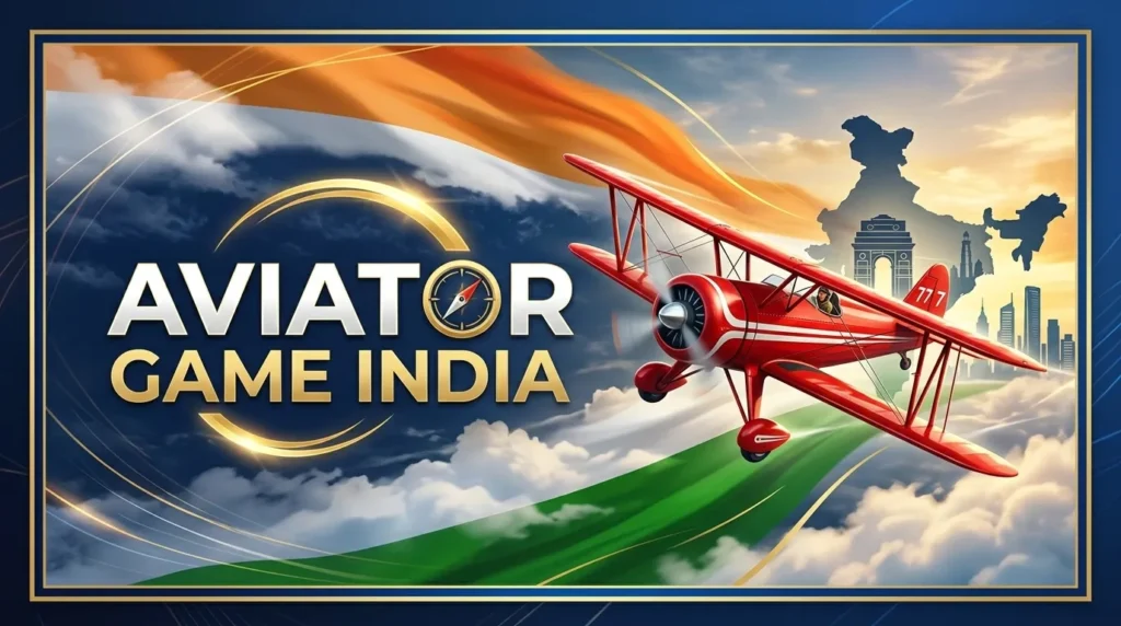 Aviator Game India" promotional banner featuring a red biplane flying against the Indian flag, clouds, and a silhouette of the map of India with national landmarks.