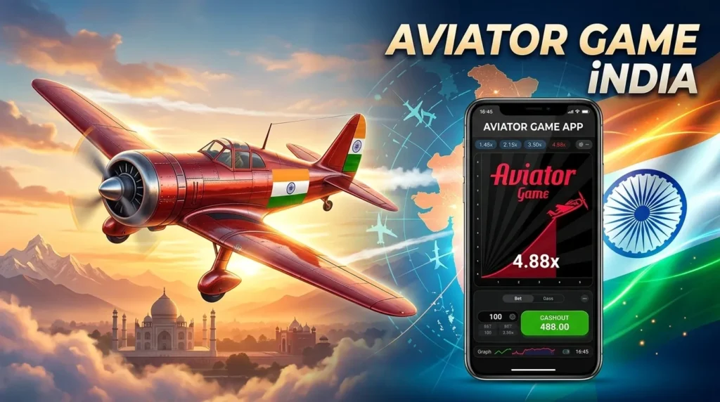 Promotional graphic showing a vintage red plane with the Indian flag on its tail, flying over the Taj Mahal. A smartphone in the foreground displays the Aviator game interface with a 4.88x multiplier.